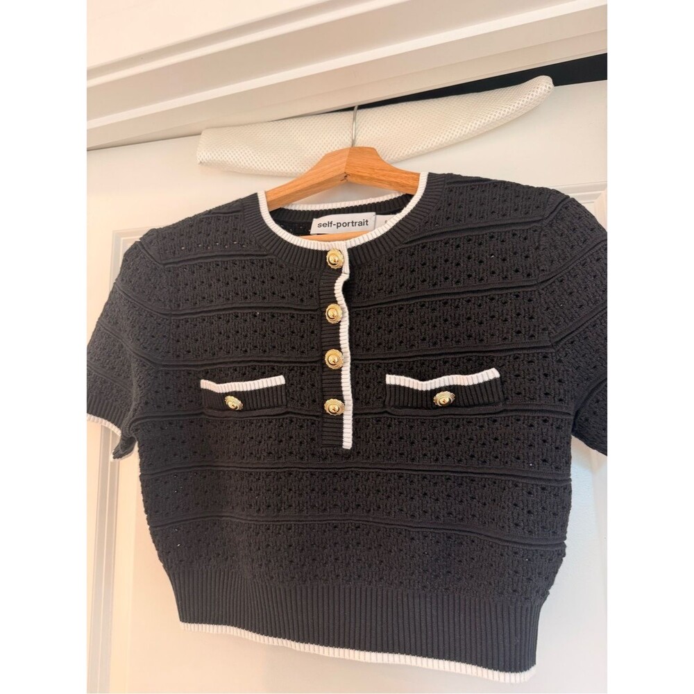 NWOT SELF-PORTRAIT BLACK POINTELLE Cropped KNIT TOP + Mini Skirt set - Picture 6 of 15
